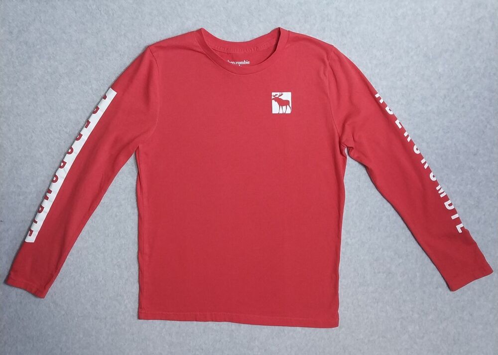 Abercrombie Kids Boys Long Sleeve Logo T-Shirt Red Embroidered Sleeve Size 13/14